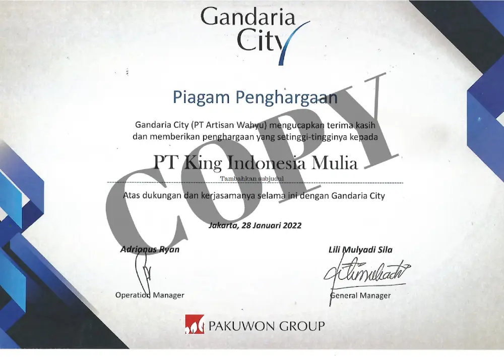 Piagam Penghargaan Gandaria City
